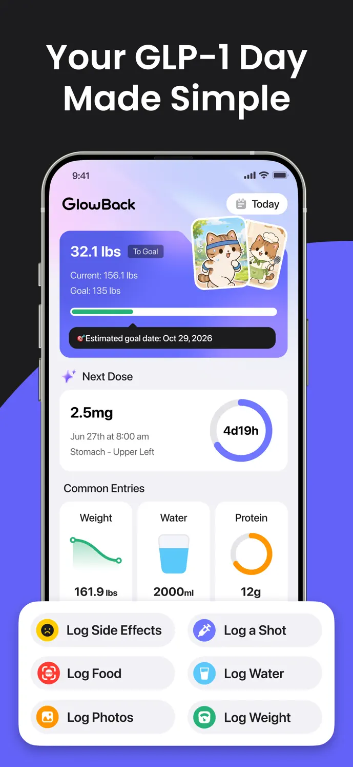 GlowBack daily dashboard showing goals, next dose, and quick logging